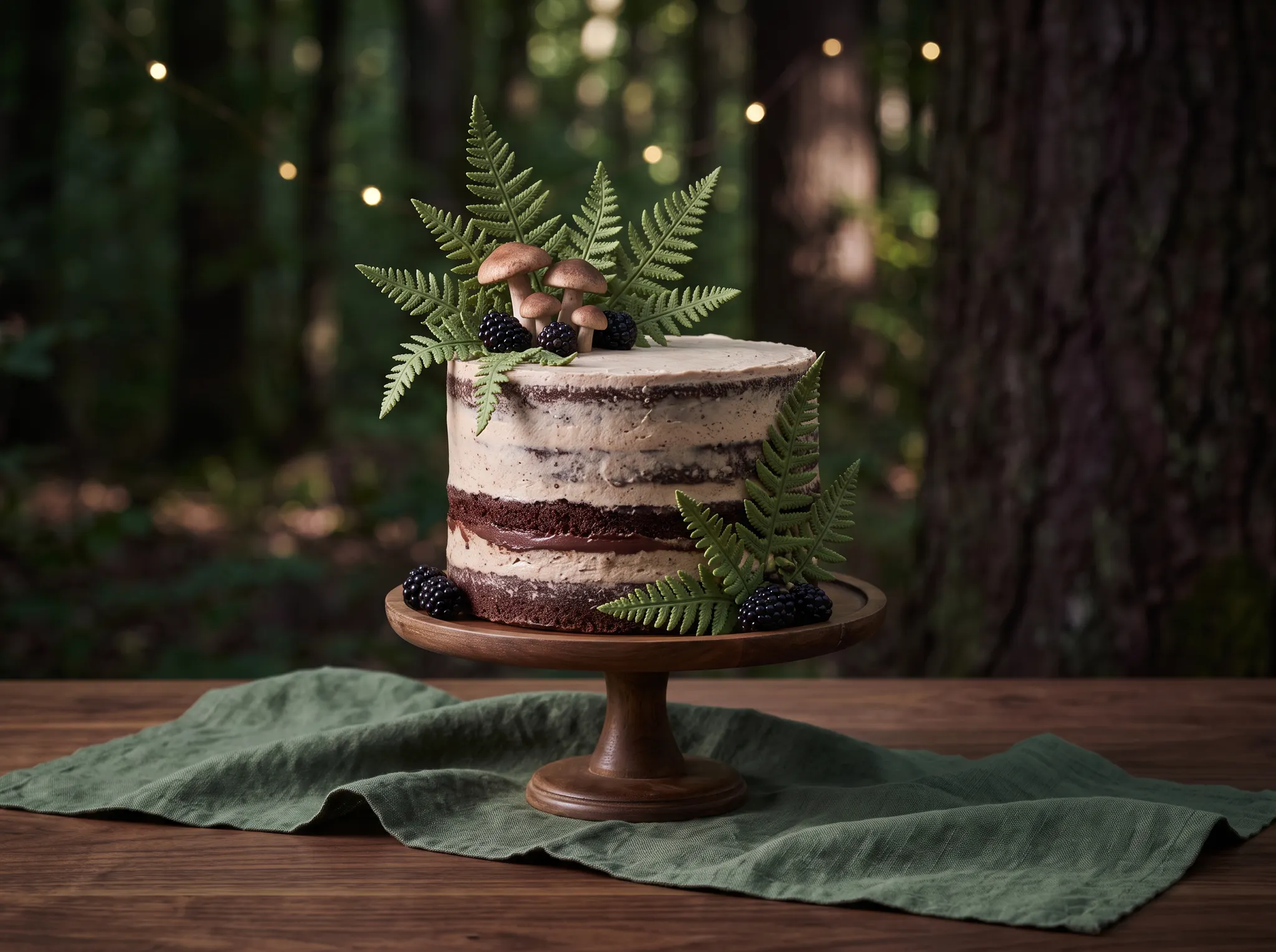 Illustrative Fern Naked Cake in a woodland setting