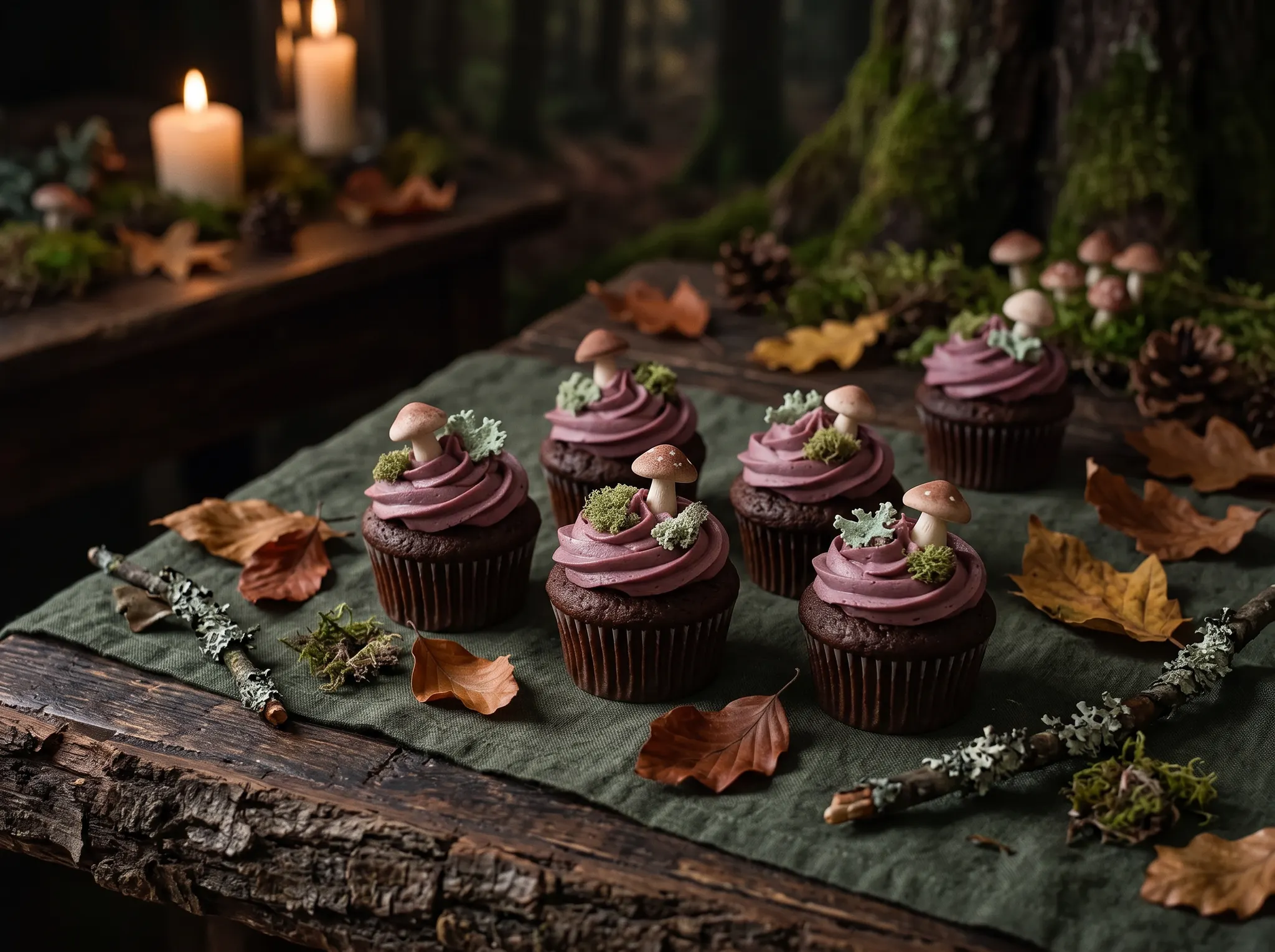 Illustrative Sugar Mushroom Cupcakes on a woodland table