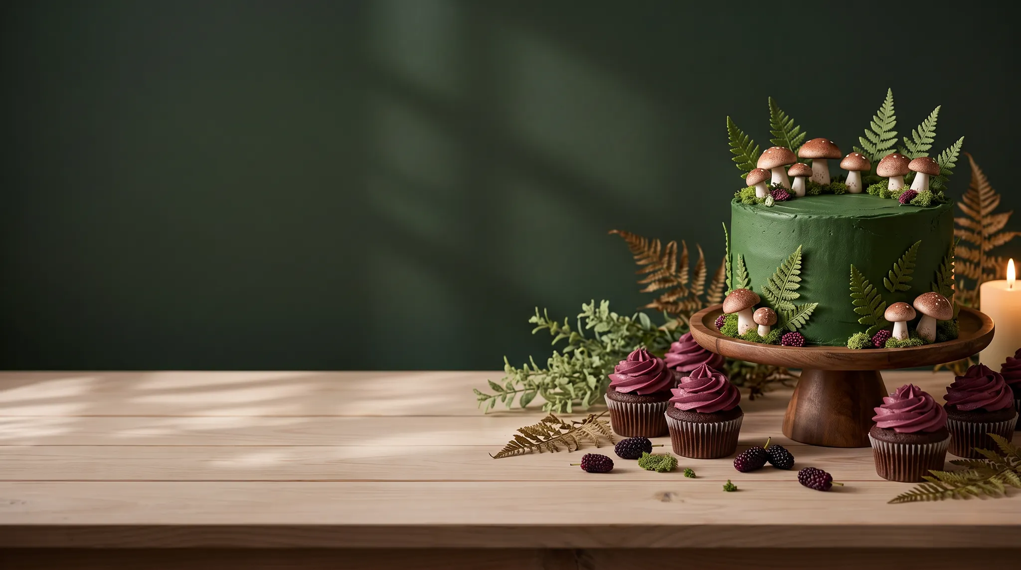 Illustrative woodland cake and cupcakes with sugar mushrooms