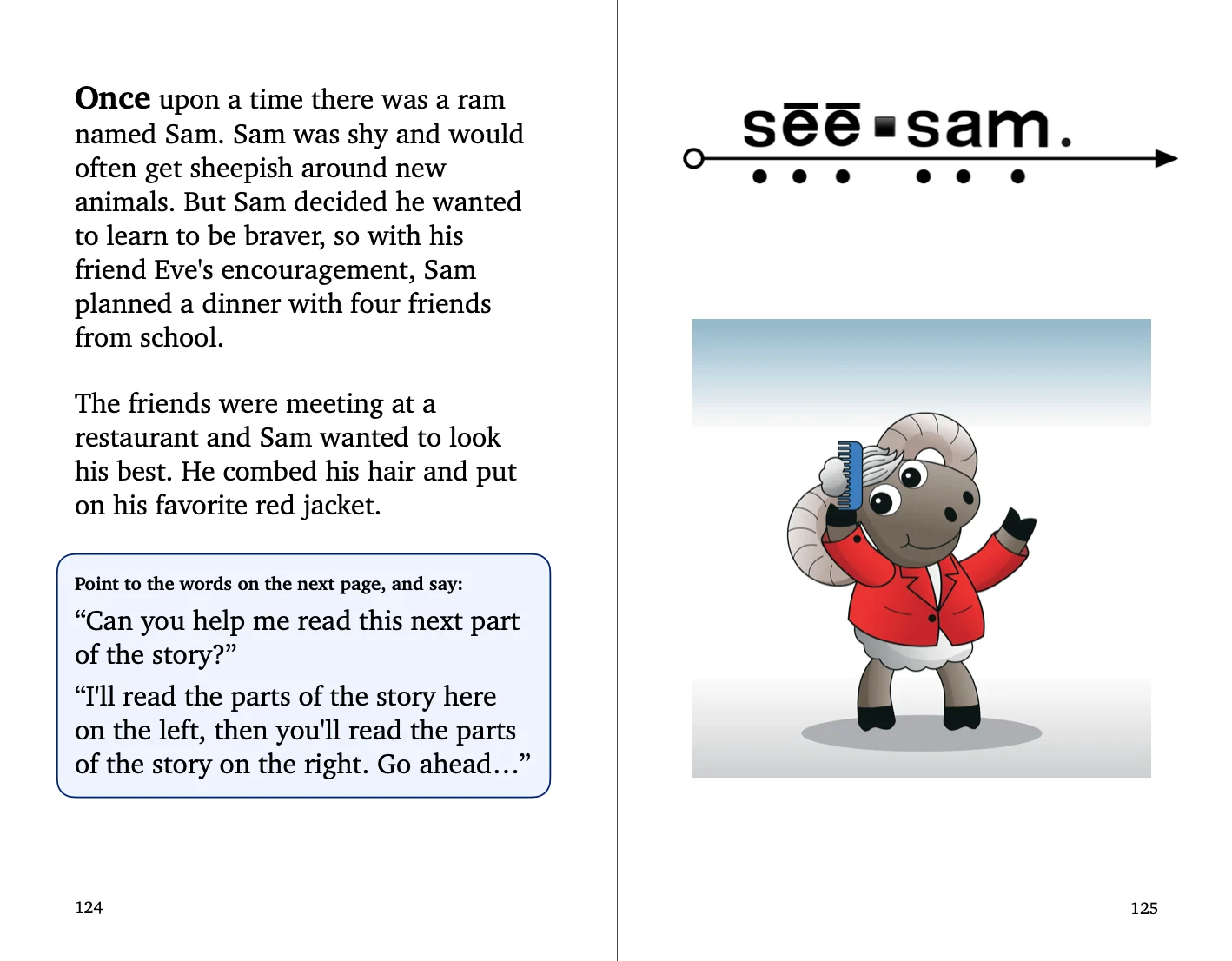 Read Together spread with grown-up story and teaching prompt beside a child-readable line and Sam the ram