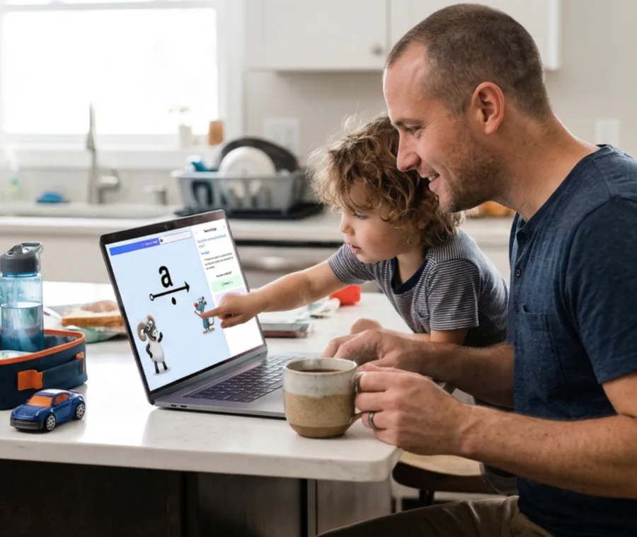 A father guiding his child through reading practice at the kitchen counter