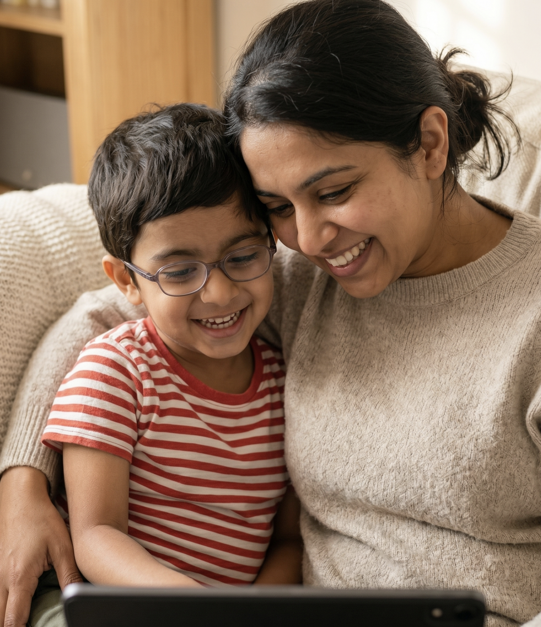 A mother and son smiling together while using Once at home.