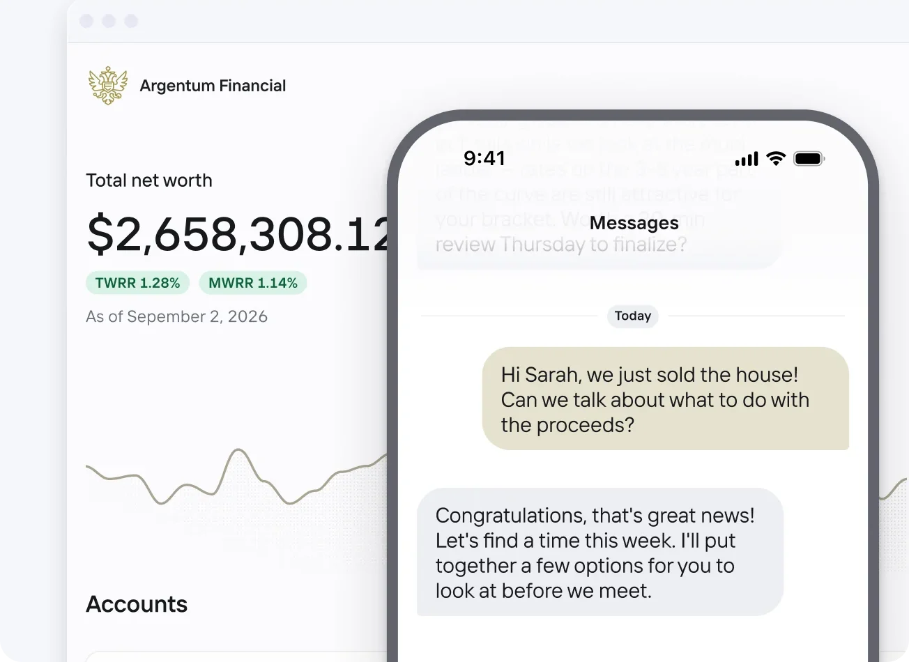 Engage client web dashboard with an account chart beside a mobile advisor messaging view.