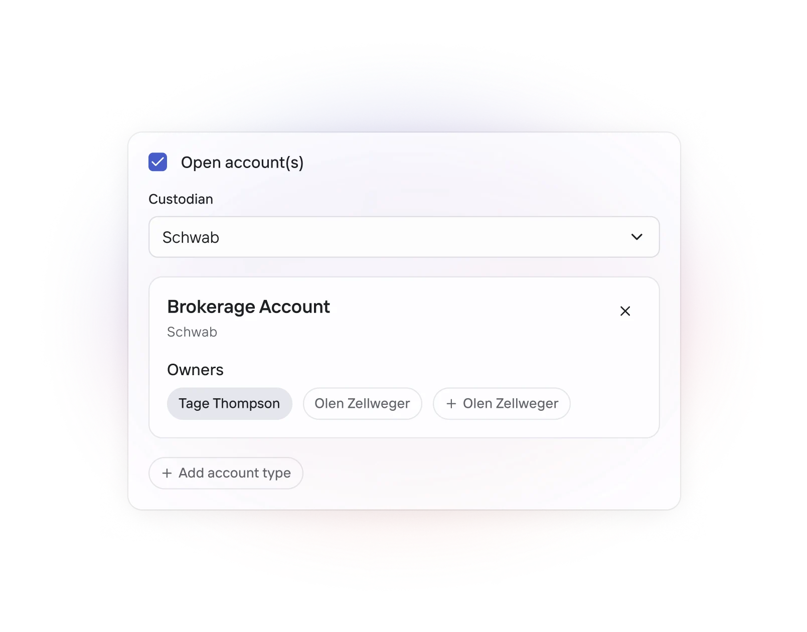 Illustrative account-opening interface with custodian selection, account type, and owners.