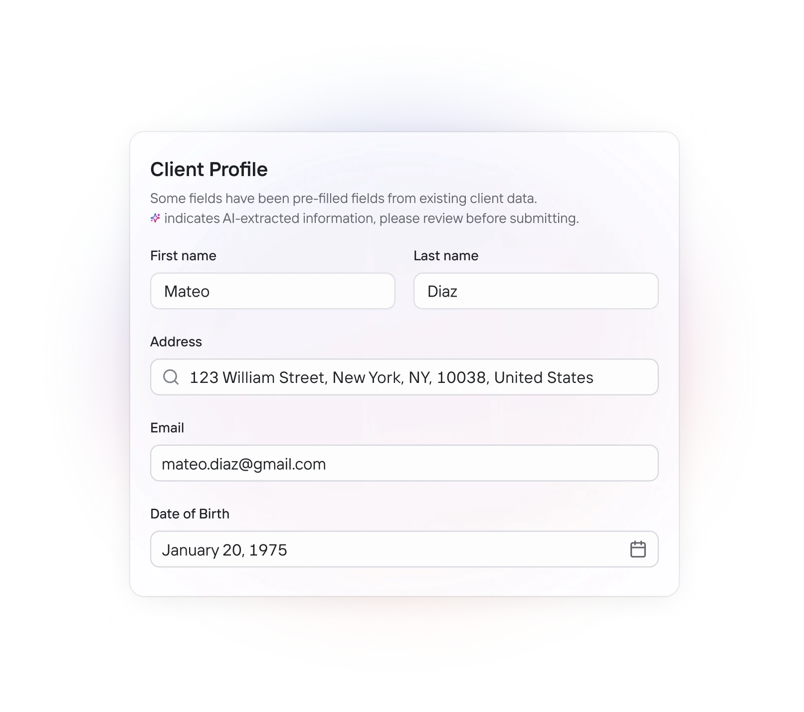 Illustrative client-profile form with fields prefilled from existing client information.