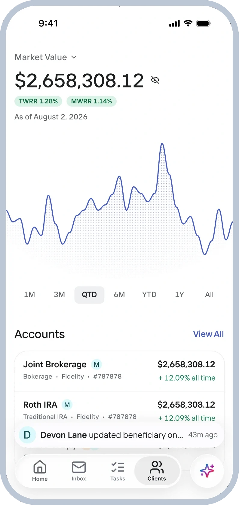 OneVest Engage mobile account view with a market value chart and account summary.