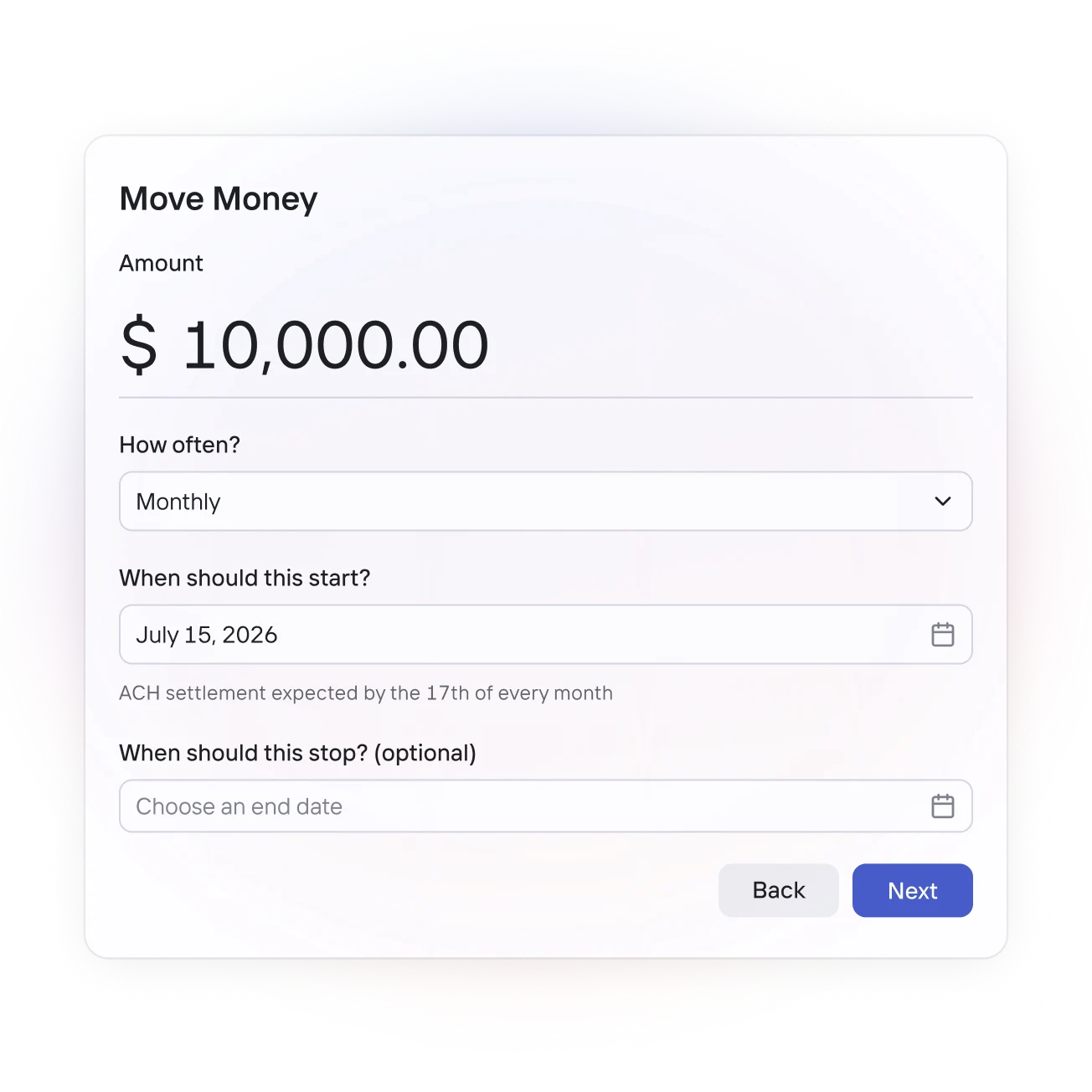 Illustrative Move Money form showing amount, frequency, and start and end dates.