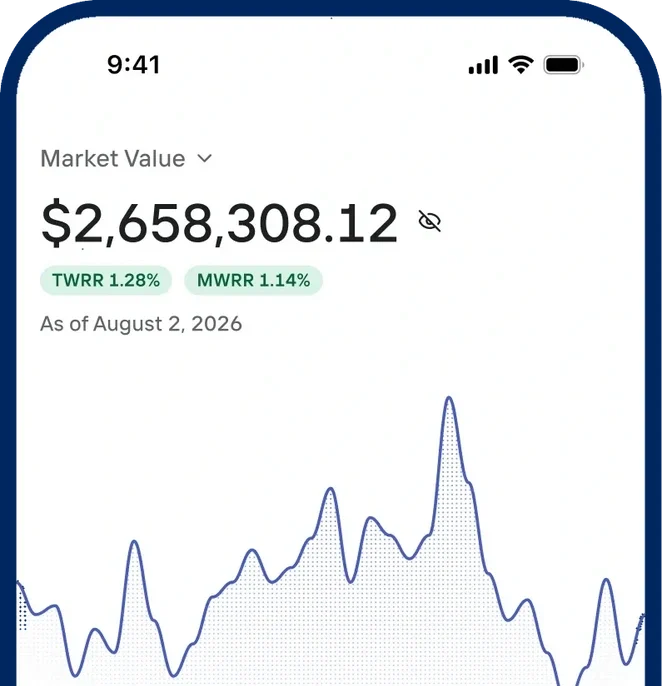OneVest Engage mobile client experience showing portfolio value, chart and accounts
