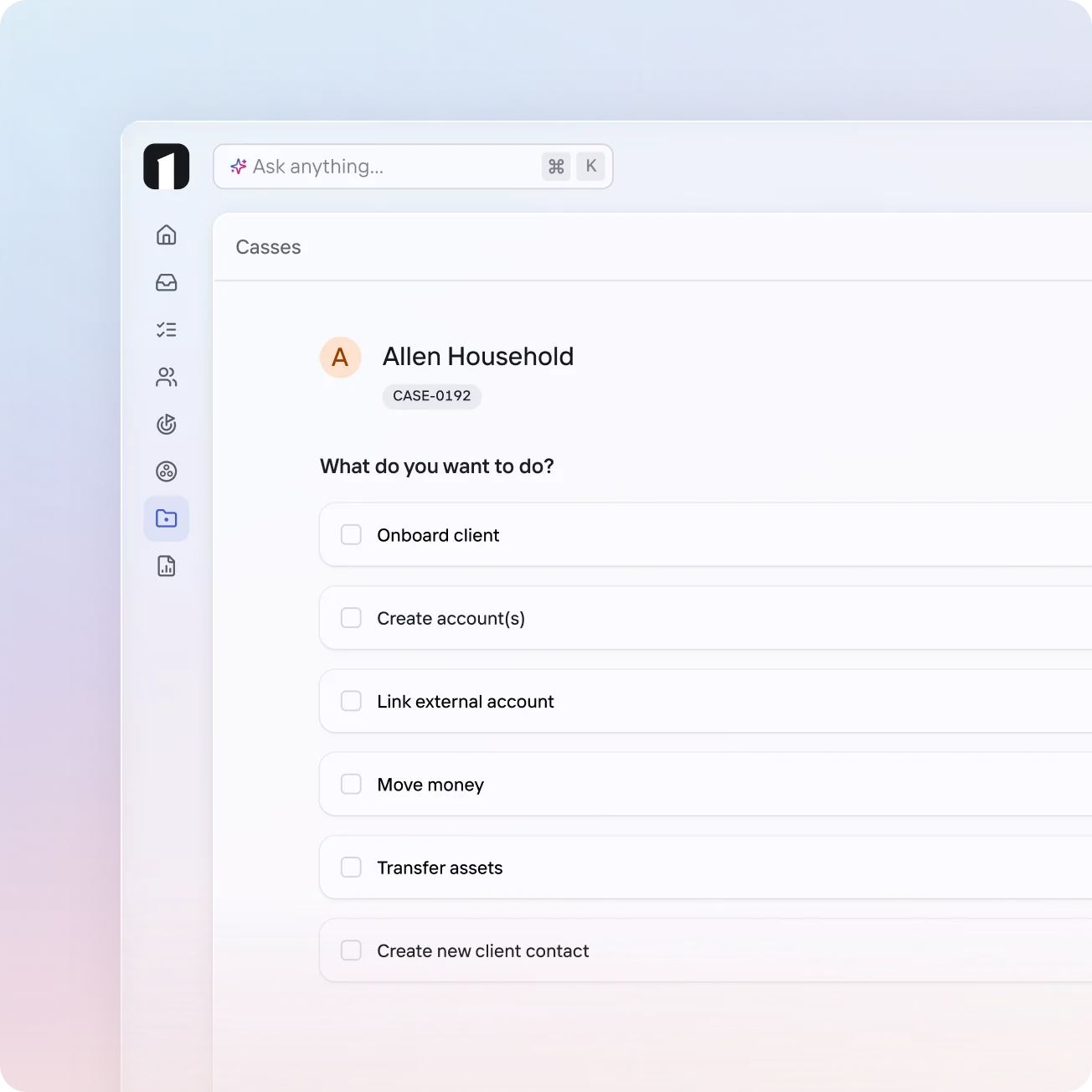 OneVest Workflows product interface showing a client case with onboarding, account, and money-movement options.