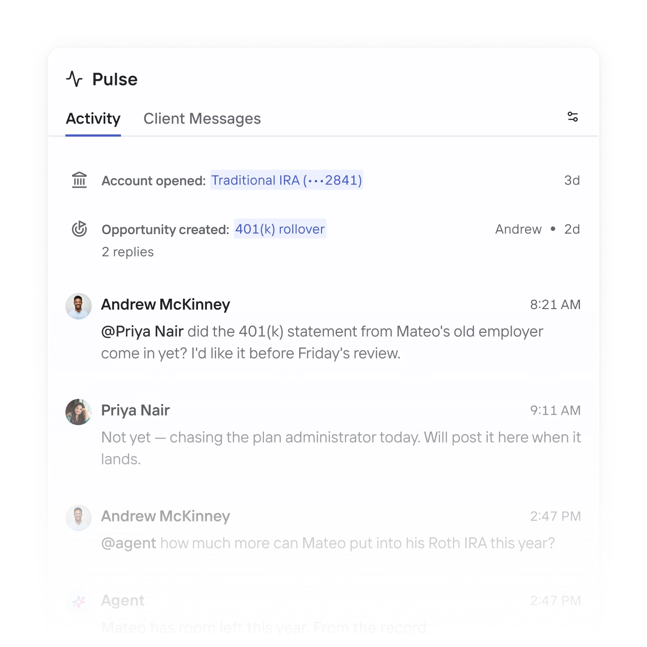 Pulse activity timeline with account events and client-team messages.