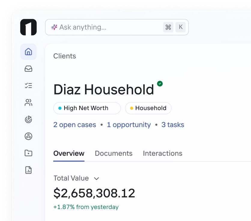 OneVest Core advisor workspace showing the Diaz Household, portfolio activity and Pulse