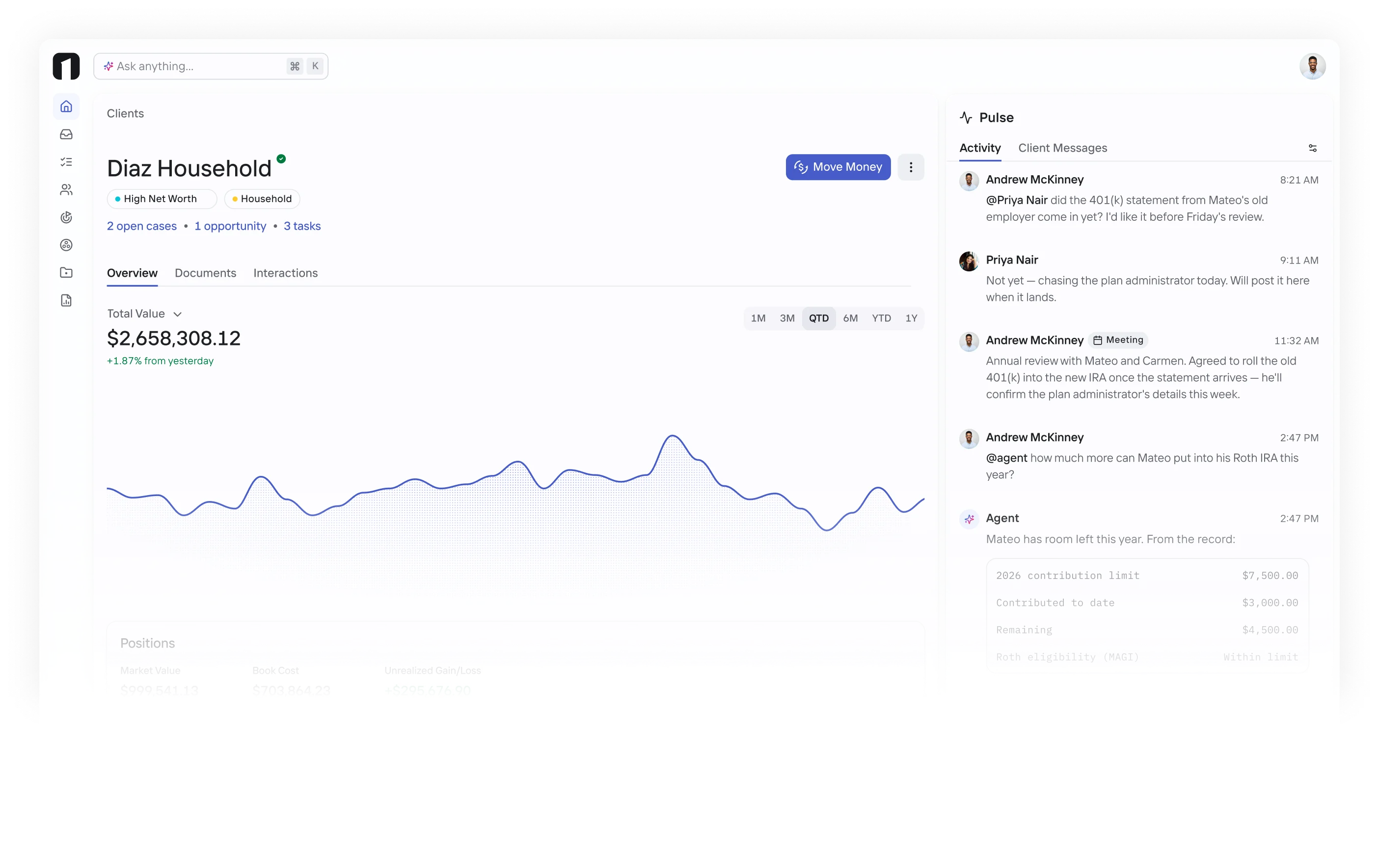 OneVest Client Profile showing the Diaz Household overview, portfolio value, activity, client messages, and AI-assisted Pulse updates.