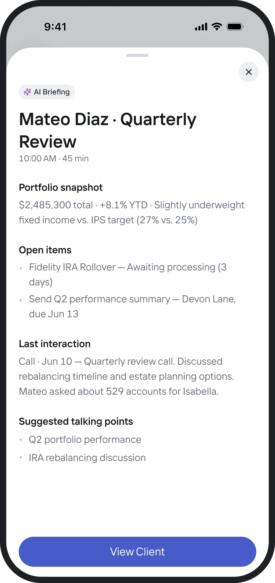 Illustrative mobile AI briefing for a client's quarterly review with sample portfolio and meeting details.
