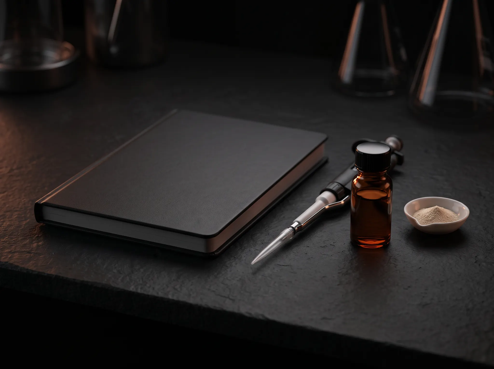 Specification notebook, amber sample vial, and laboratory tools