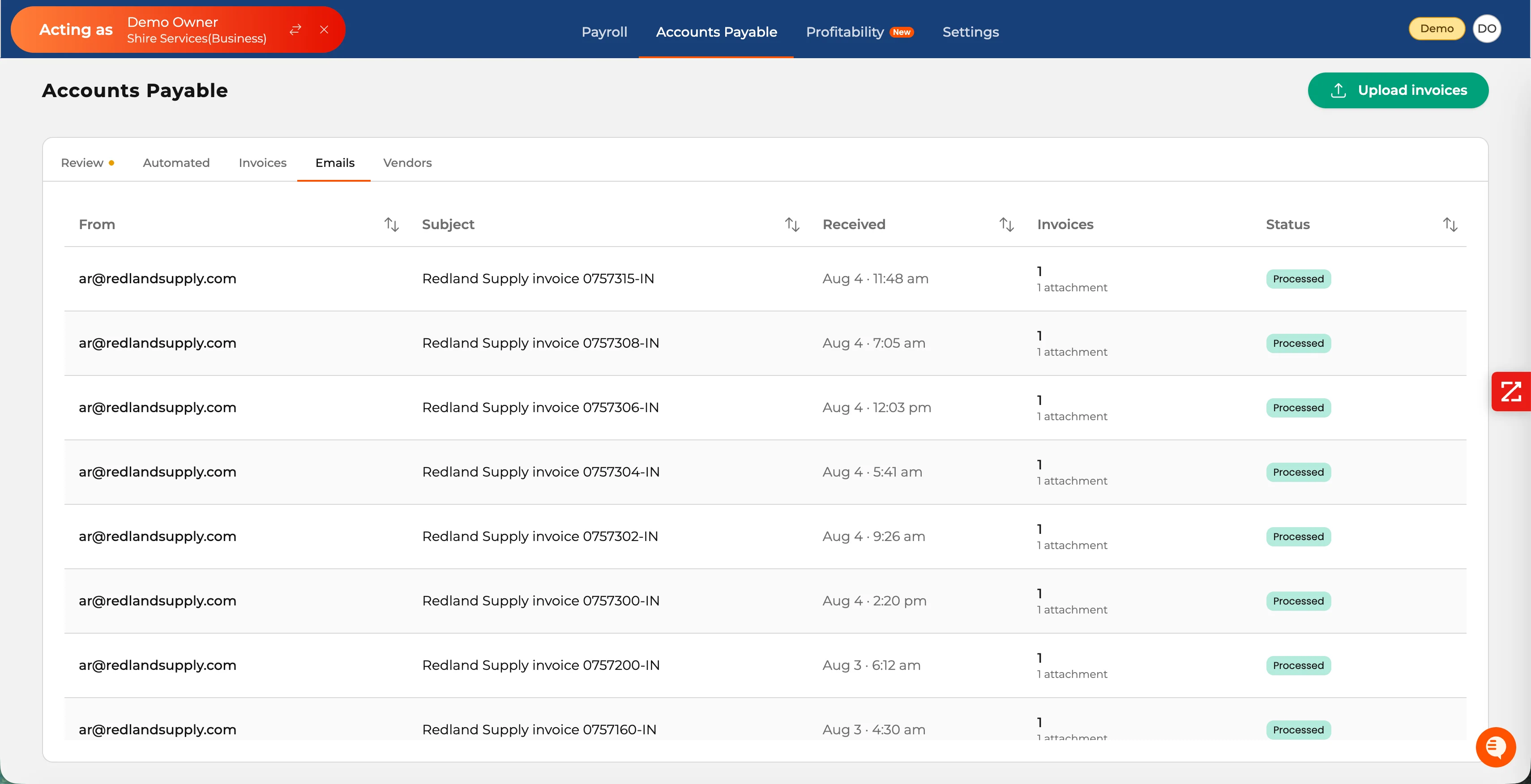 Volca AP Emails view showing processed Redland Supply invoice emails