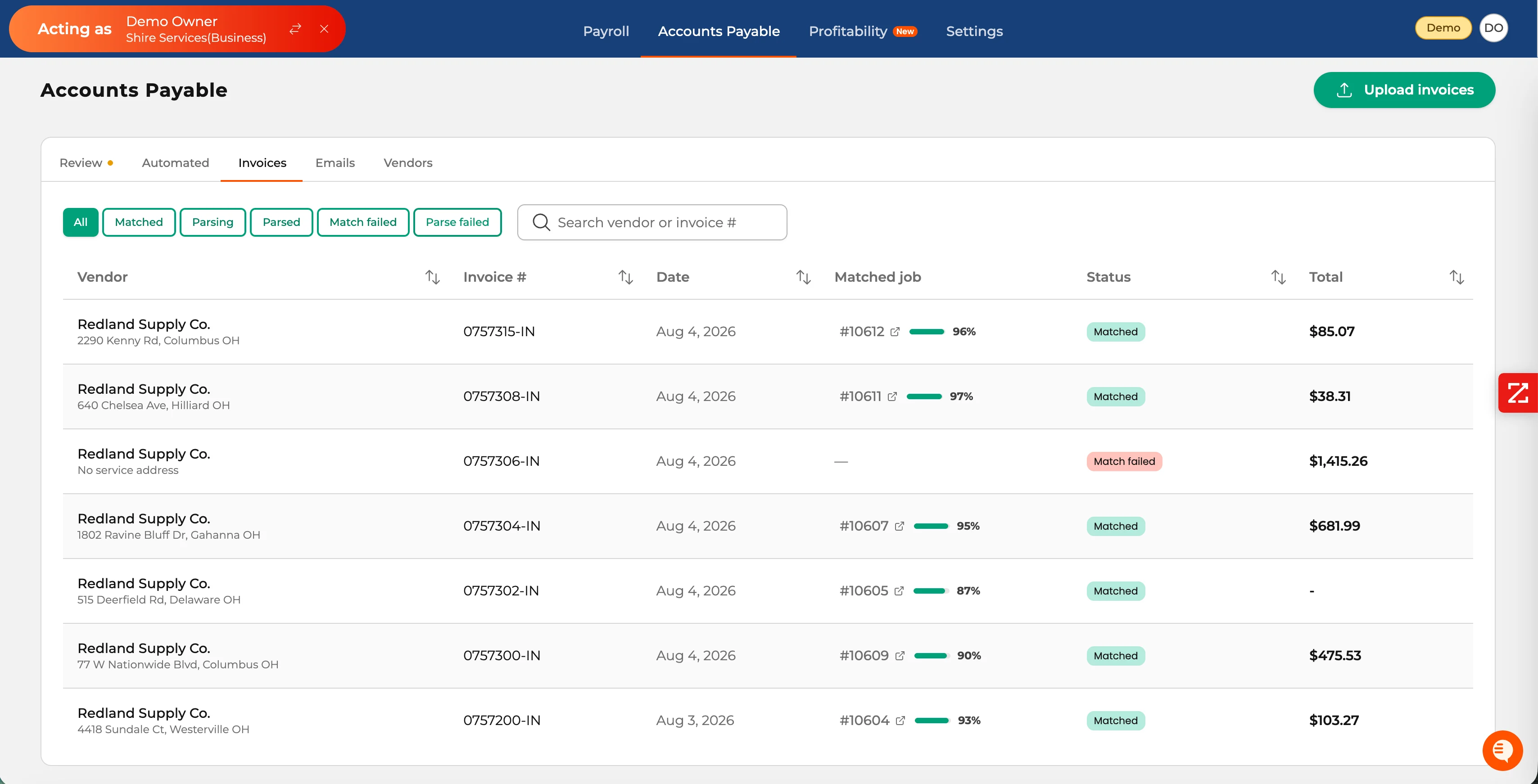 Volca AP Invoices view showing invoice states, matched ServiceTitan jobs, confidence scores, and totals