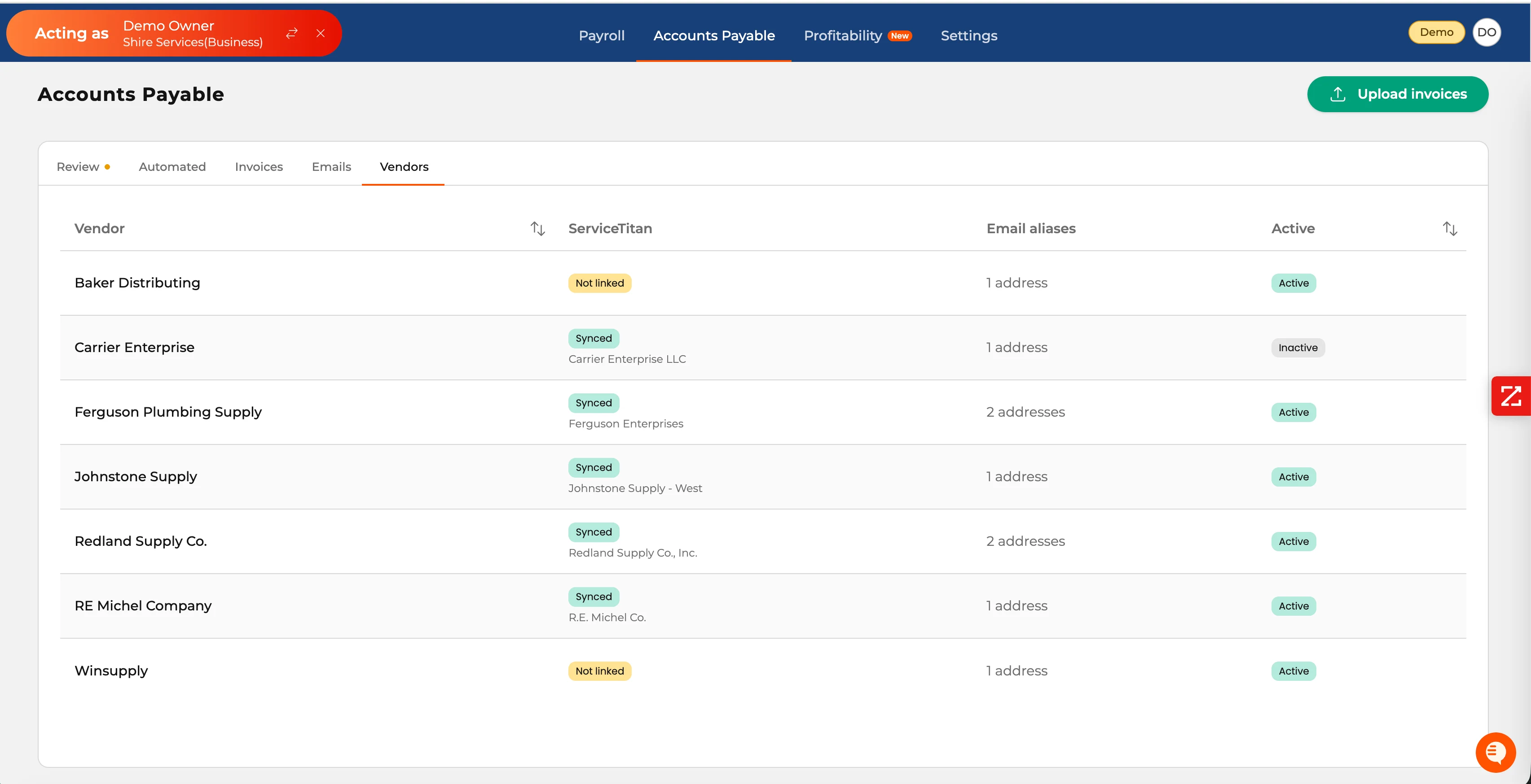 Volca AP Vendors view showing ServiceTitan sync, email aliases, and active status