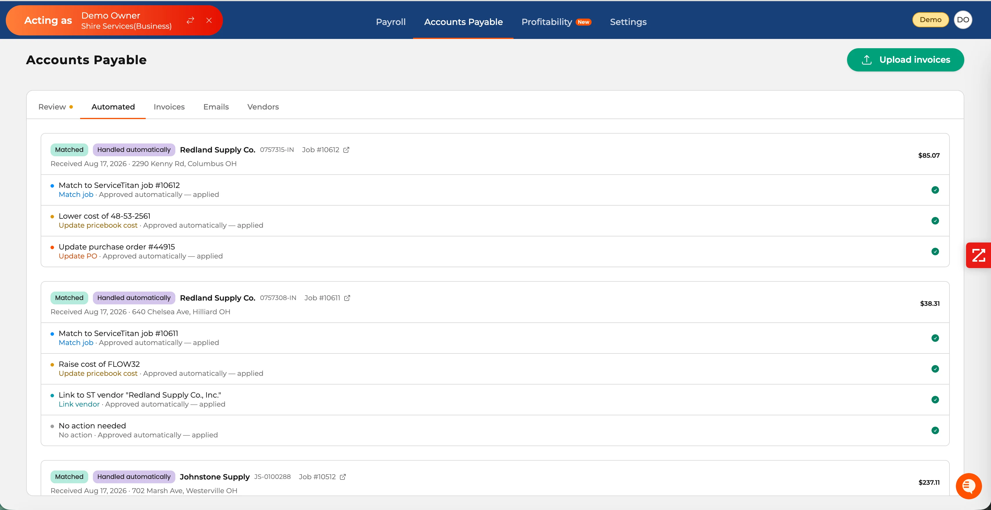 Volca AP Automated view showing applied ServiceTitan job, pricebook, purchase order, and vendor actions
