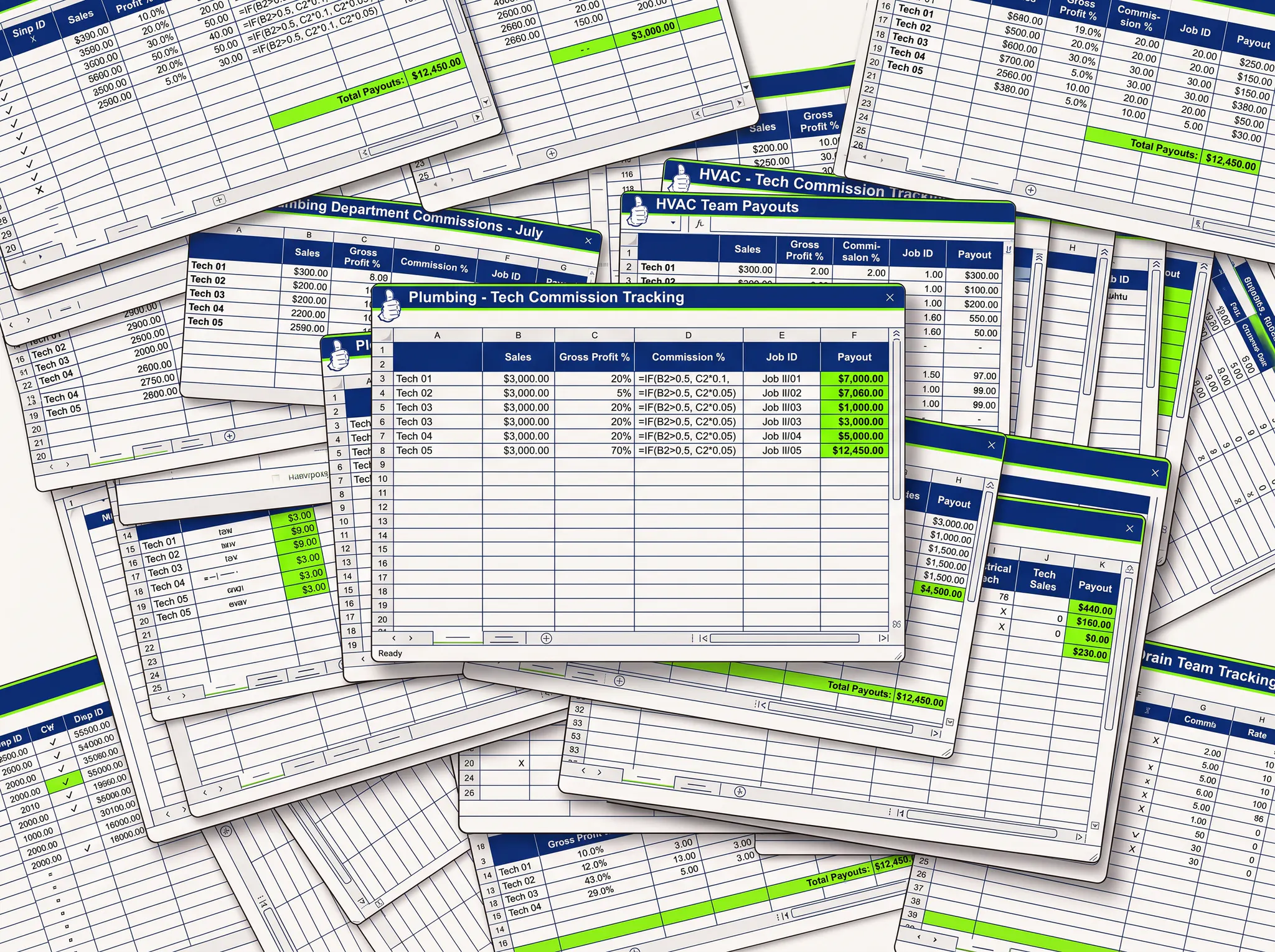 Overlapping commission spreadsheets representing Preferred's manual payroll workflow