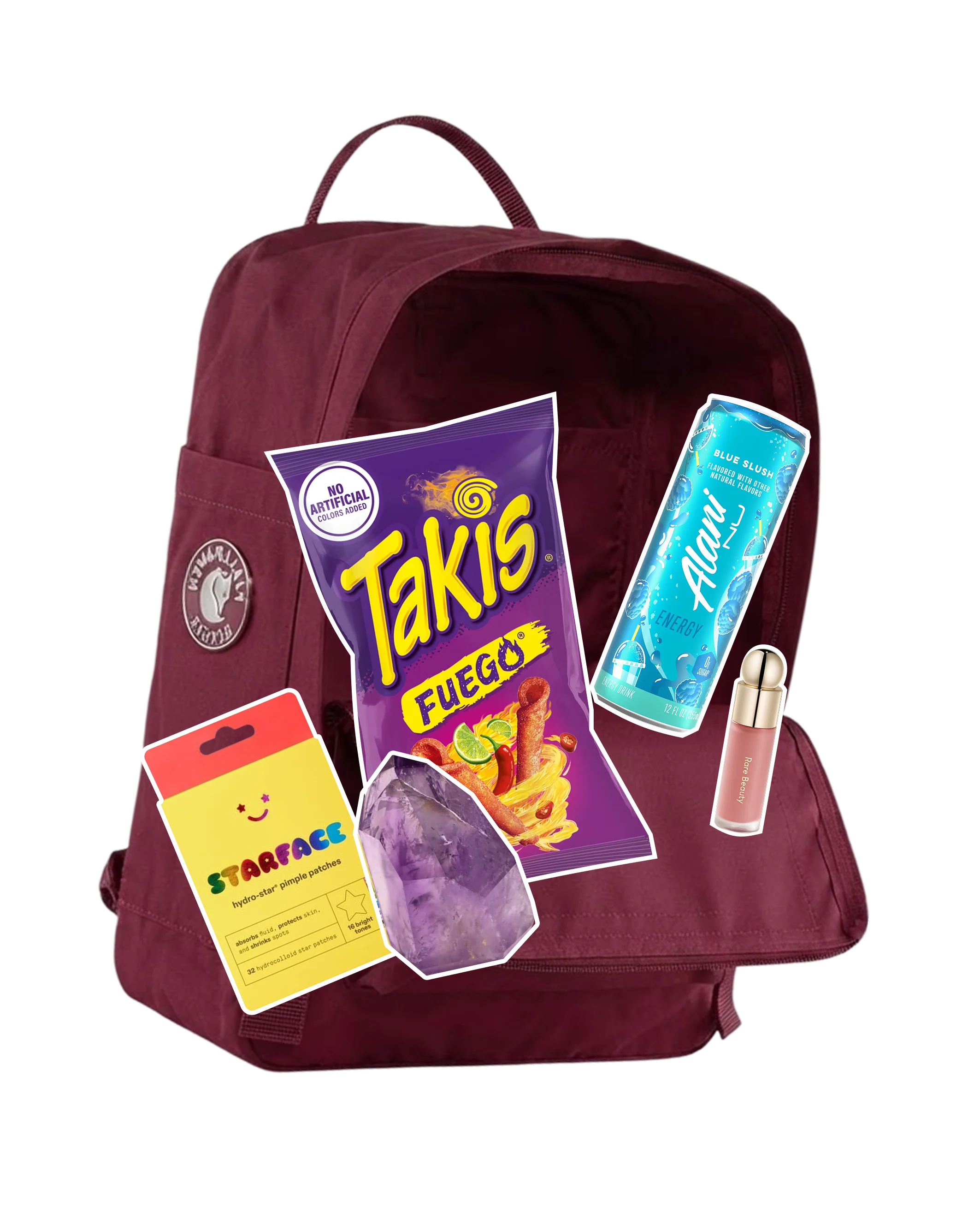 Burgundy backpack packed with products featured by Spotted by Plot