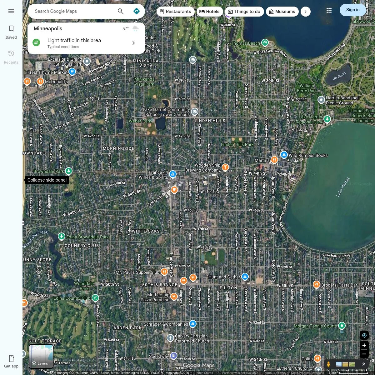 Zoomed-out aerial map showing Sauna Strong in Linden Hills near Lake Harriet and Bde Maka Ska